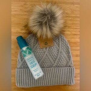 Close out! Gray Knit Beanie with Faux Fur Pom & Shea Butter + Coconut Hair Serum